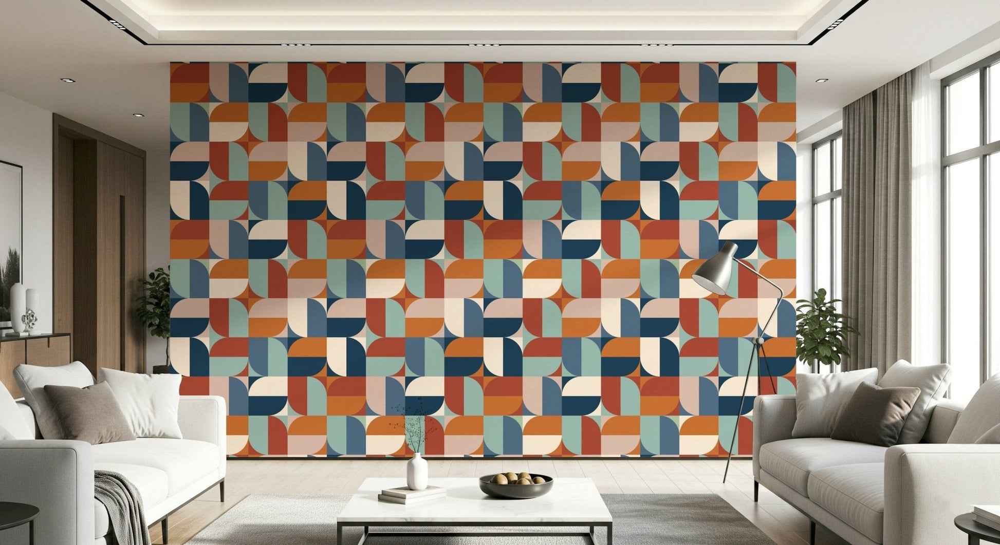 Retro geometric wallpaper in blue and coral
