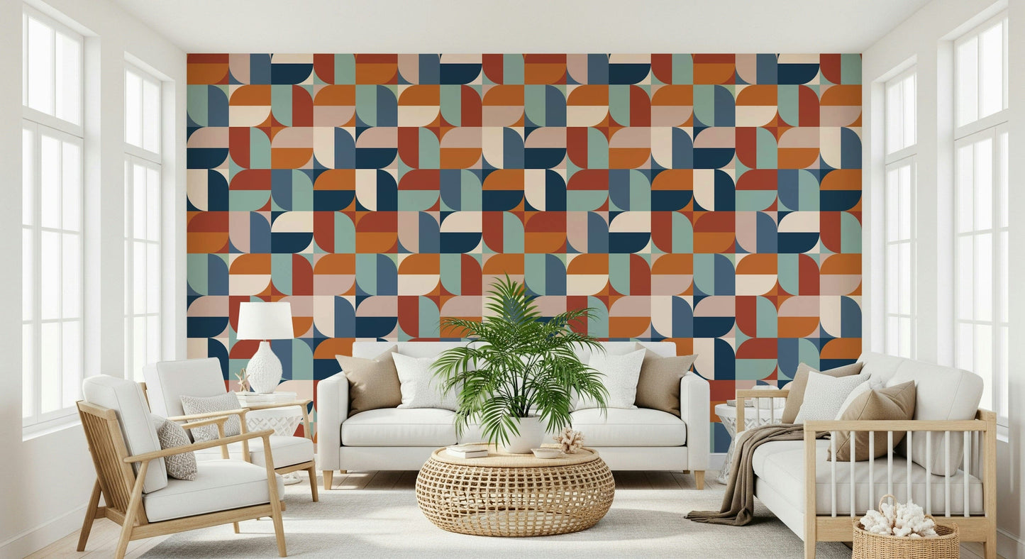 Mid-century Modern Curves design. Repeating bold color quarter-circles.