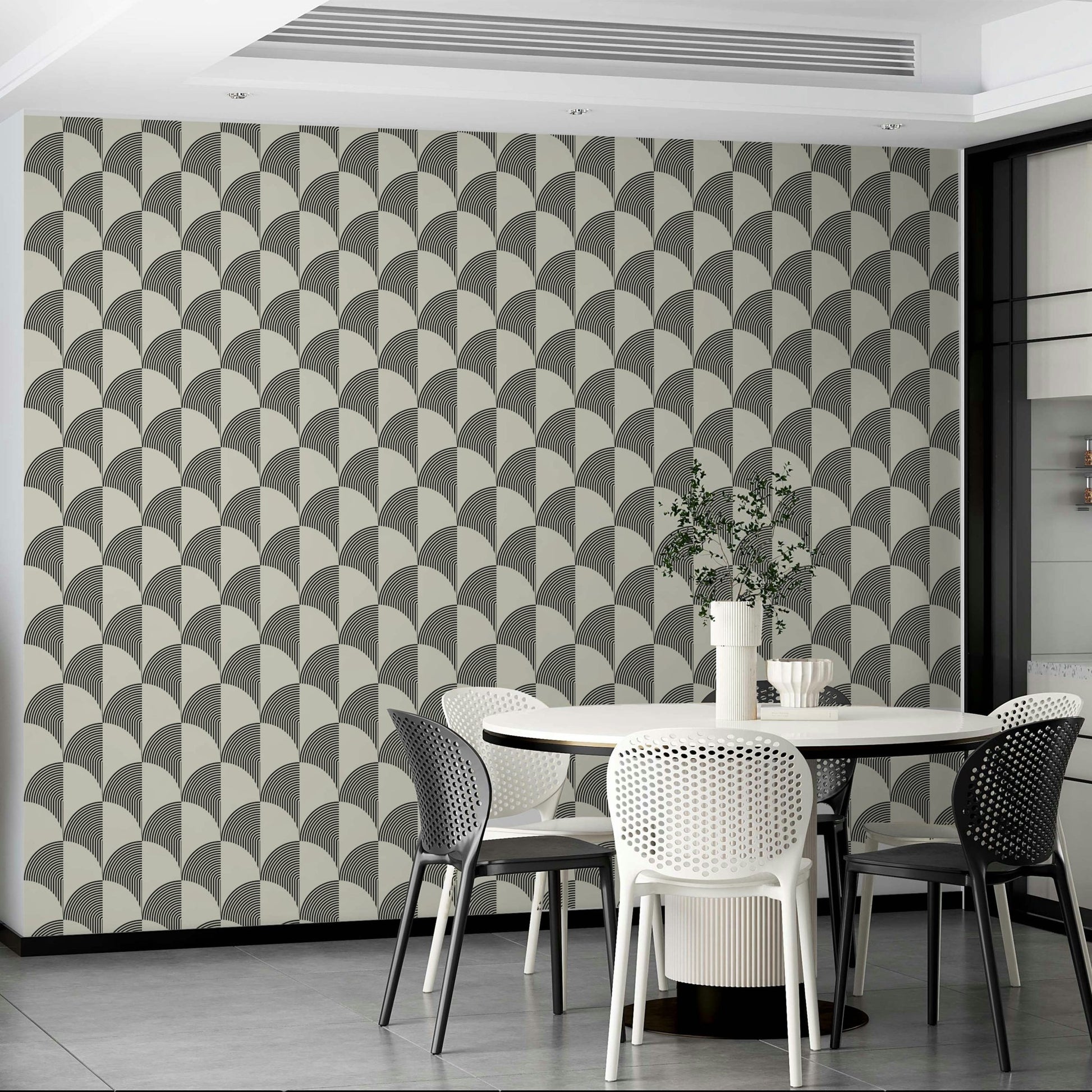 The wallpaper is applied seamlessly, giving the wall a uniform, high-end look.

