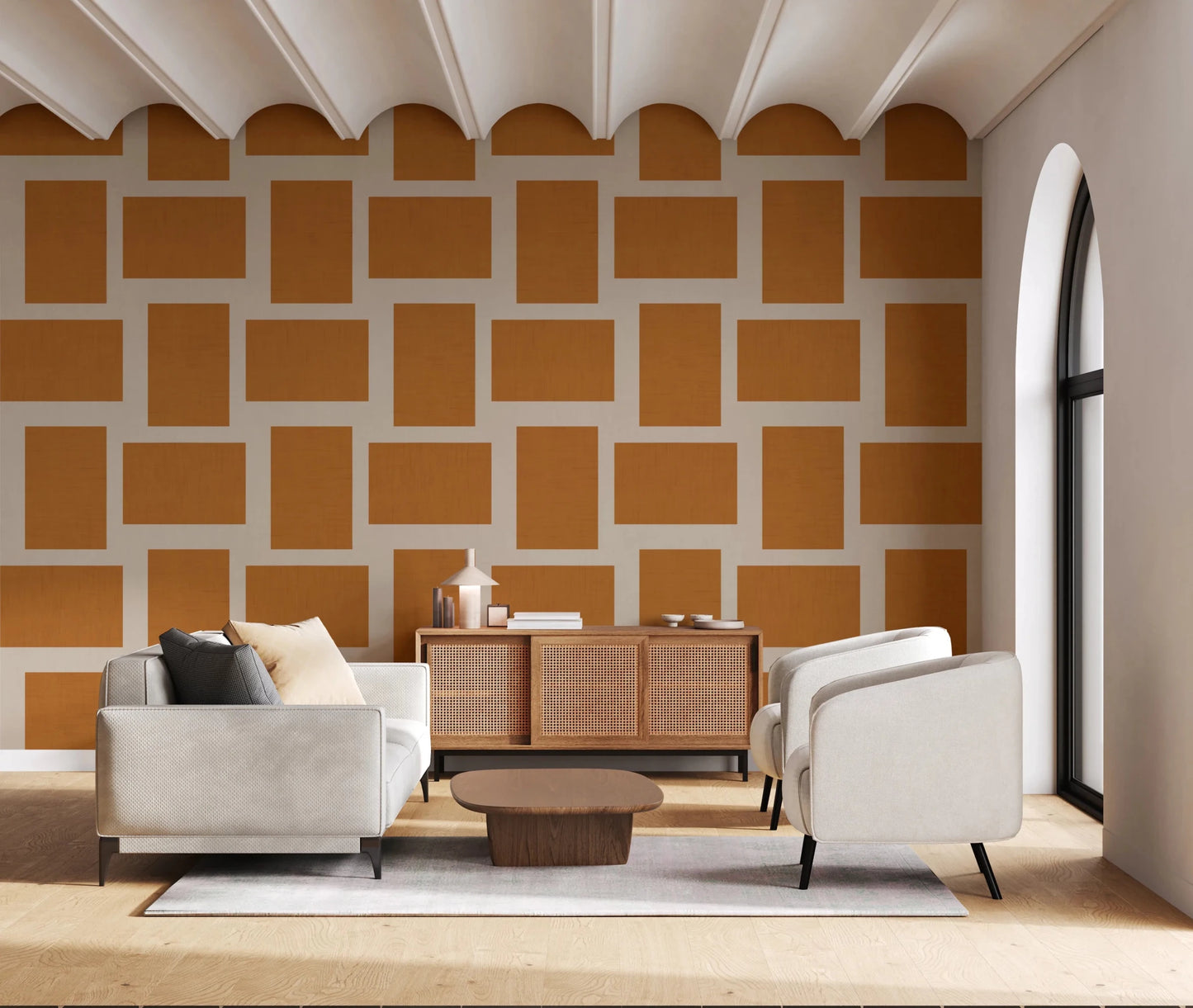 Modern Geometric Color Block Terracotta Cream Wallpaper⁠