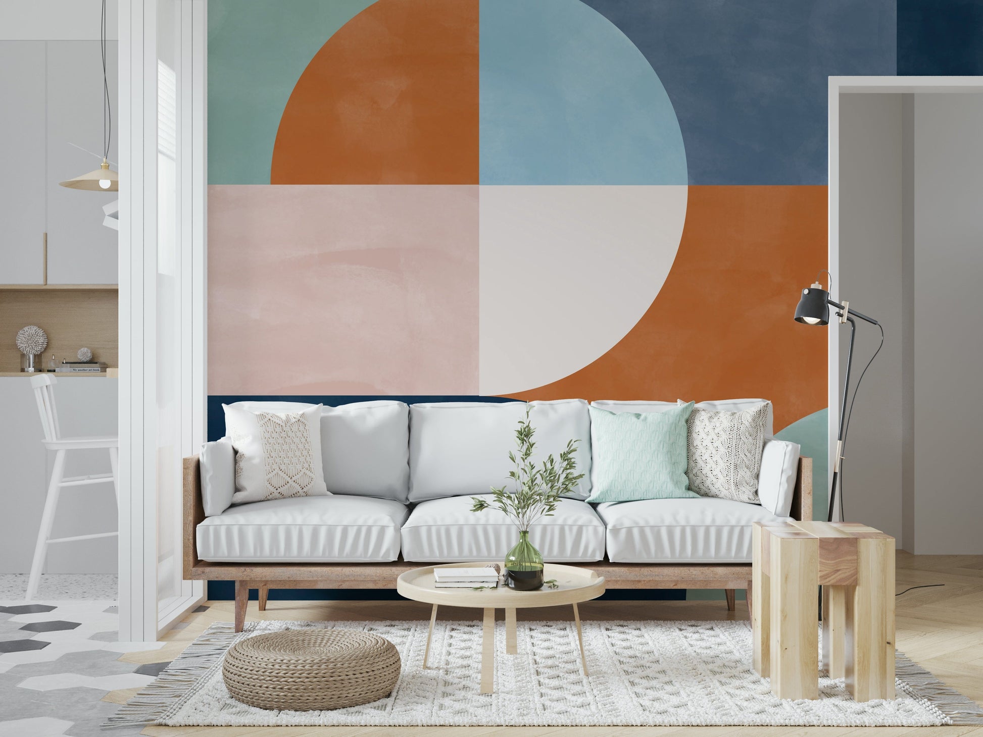 A beautiful abstract circle and square wallpaper mural for a modern home.
