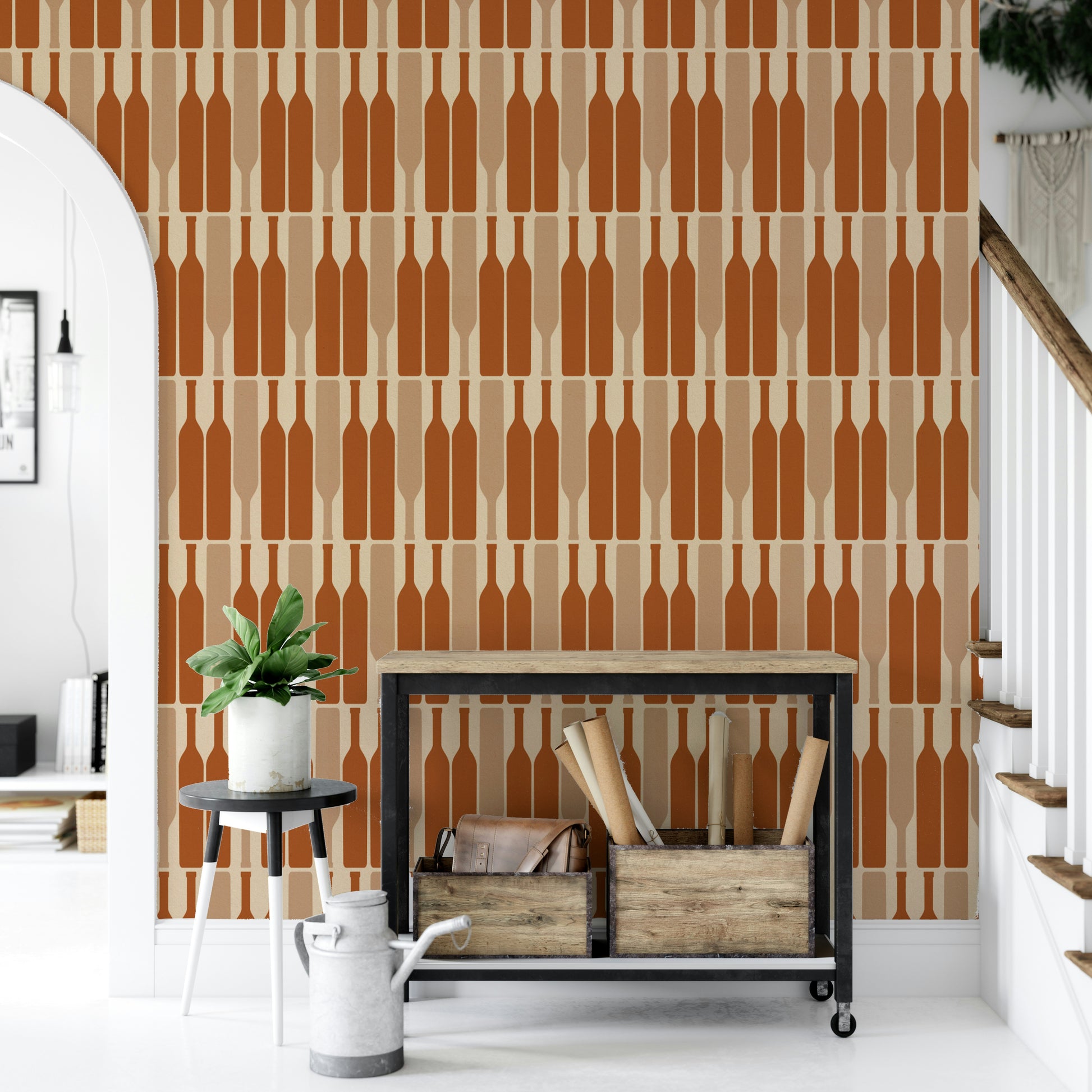 Modern wine cellar wallpaper with geometric pattern.

