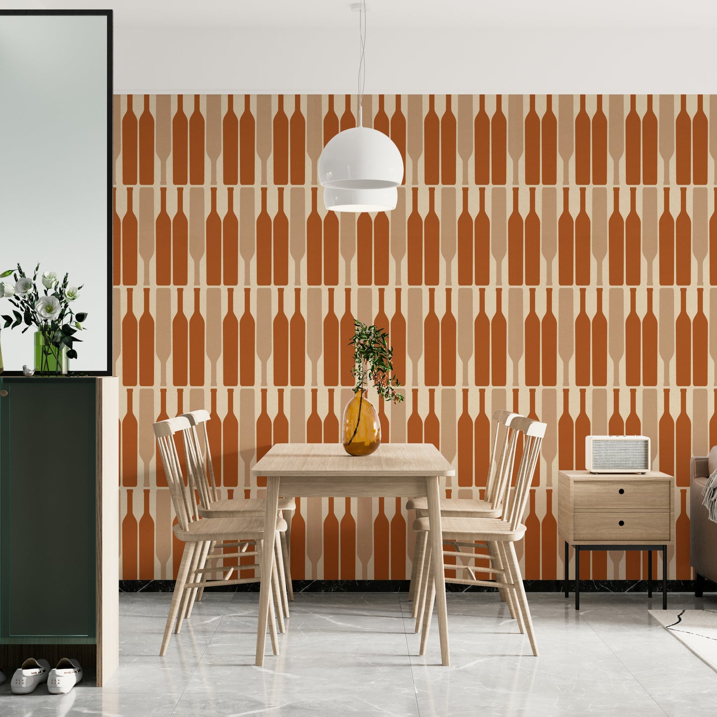 Geometric wine cellar wallpaper with modern flair.

