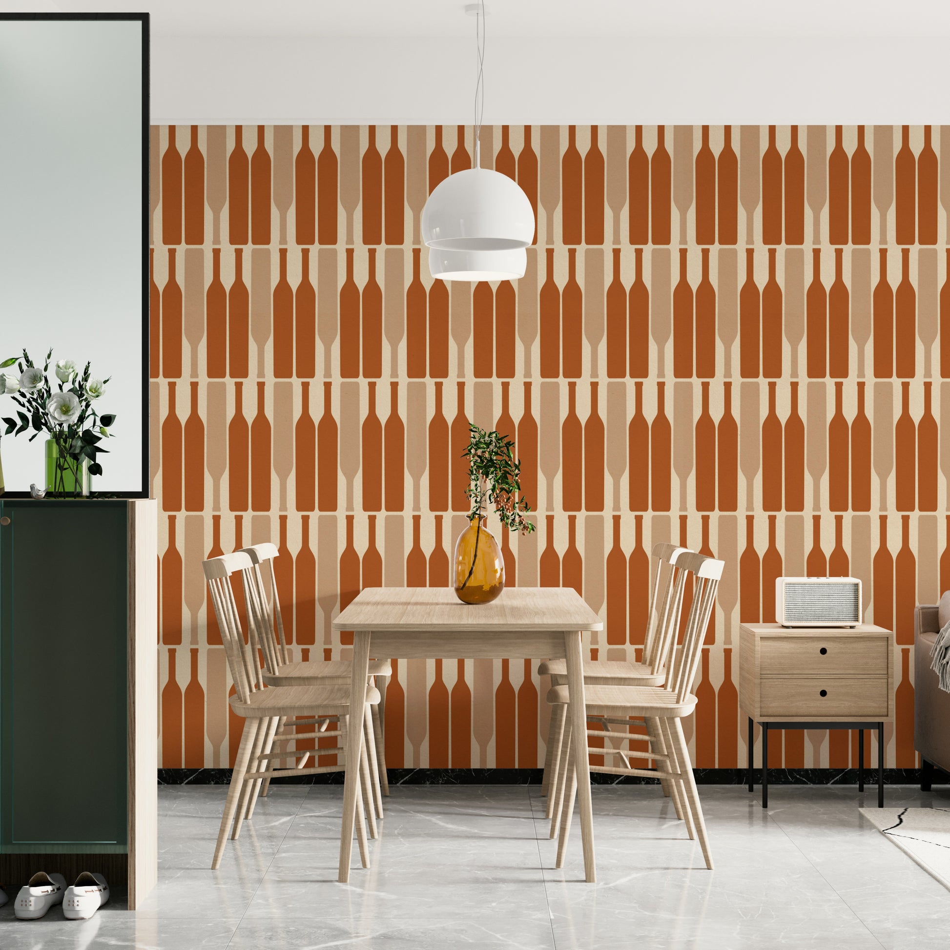 Geometric wine cellar wallpaper with modern flair.

