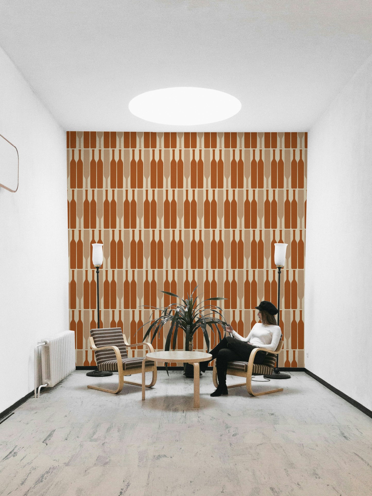Wine cellar-inspired modern geometric wall mural.

