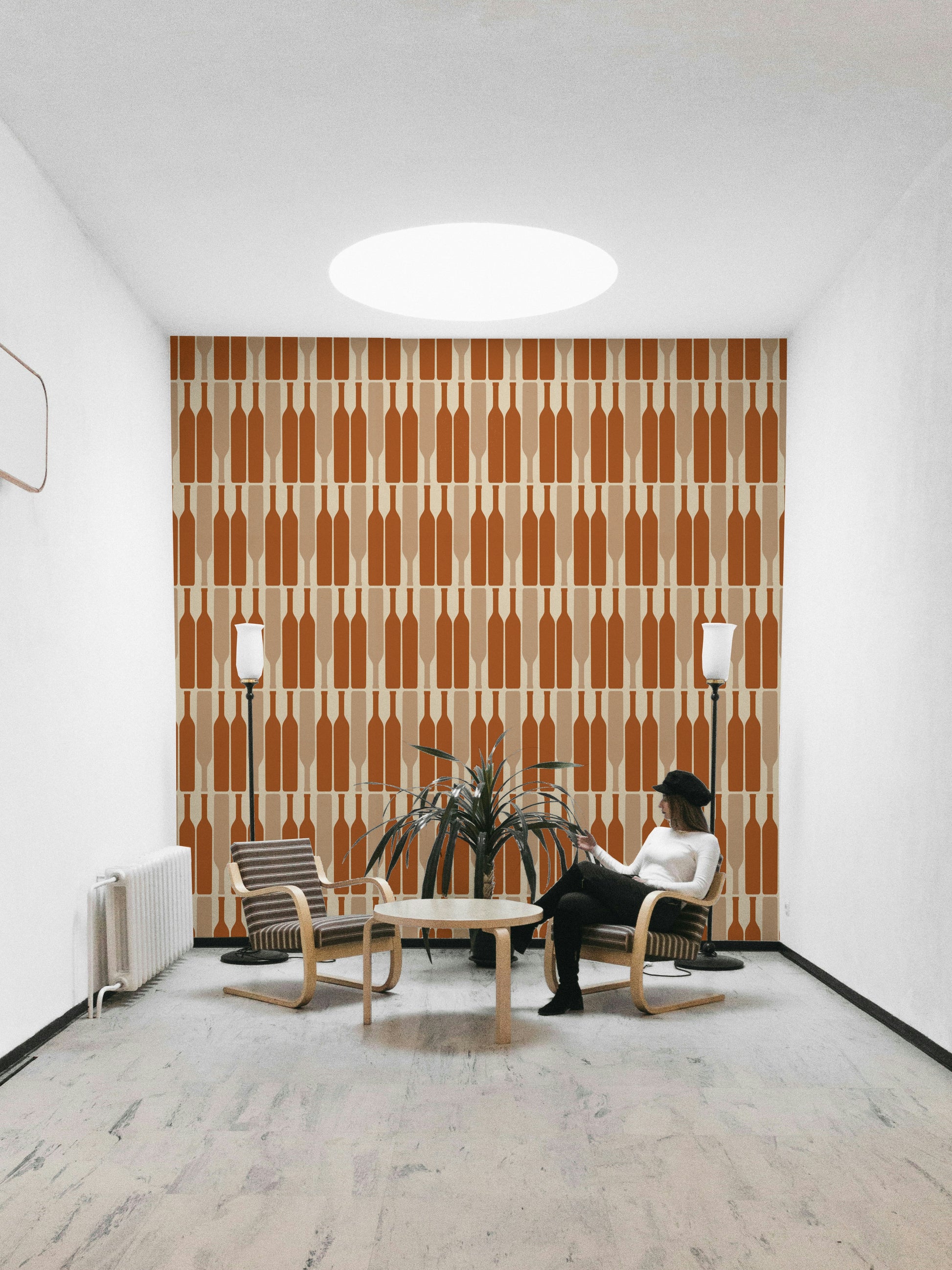 Wine cellar-inspired modern geometric wall mural.

