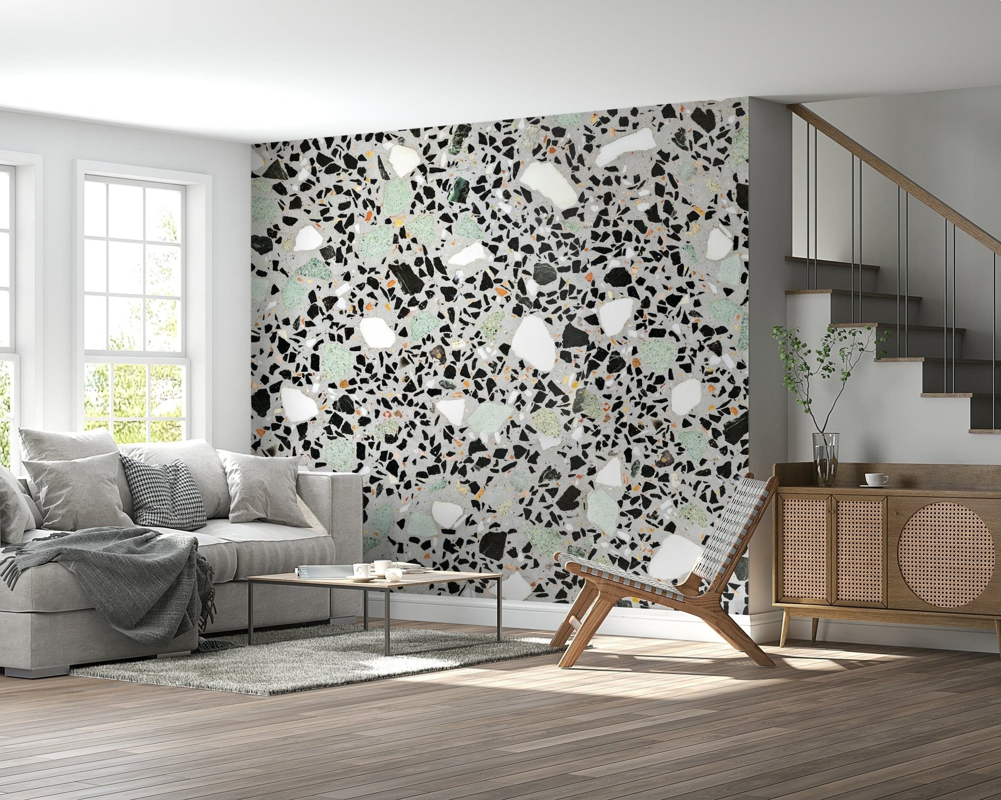 Fine composite stone effect wallpaper subtle mint and charcoal chips.