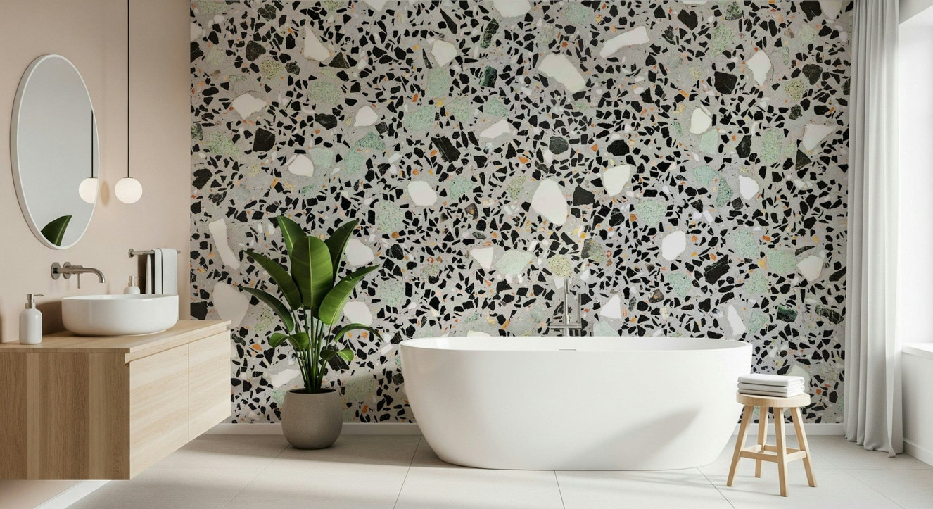 Modern Grey Terrazzo print wallpaper mosaic chips abstract pattern.