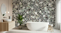Modern Grey Terrazzo print wallpaper mosaic chips abstract pattern.