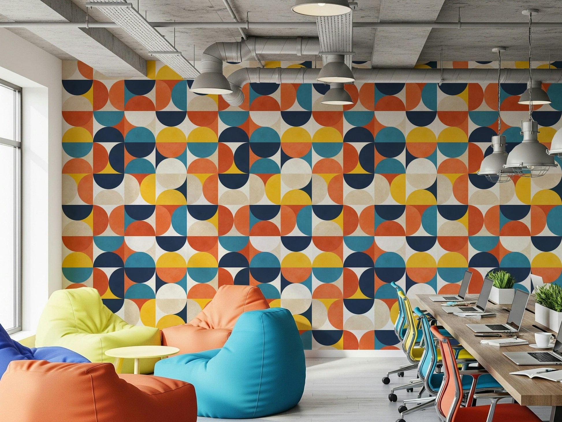 Retro inspired geometric wallpaper with curved forms