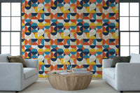 Modern geometric circle wallpaper in navy and mustard