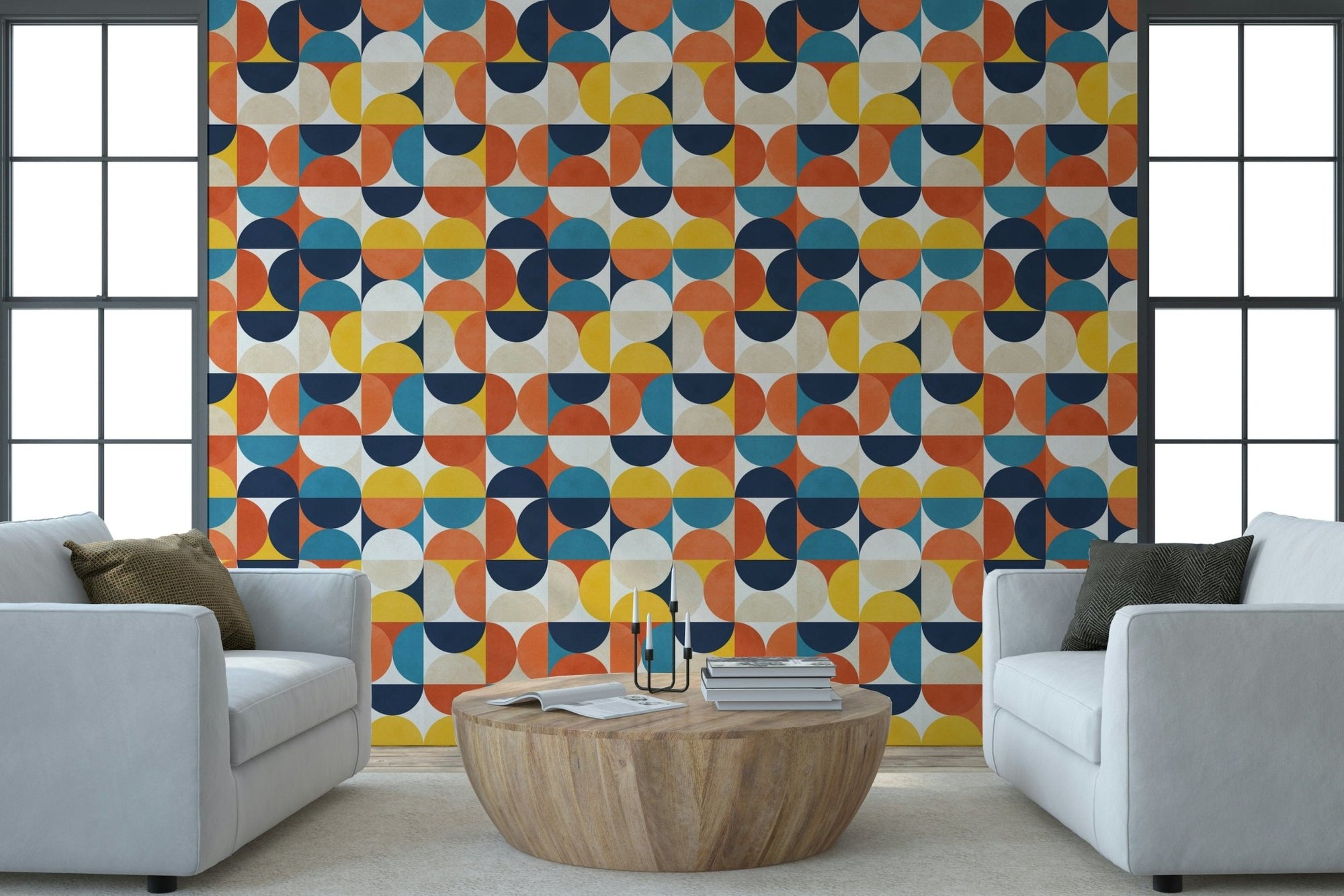 Modern geometric circle wallpaper in navy and mustard