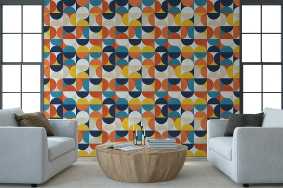 Modern geometric circle wallpaper in navy and mustard