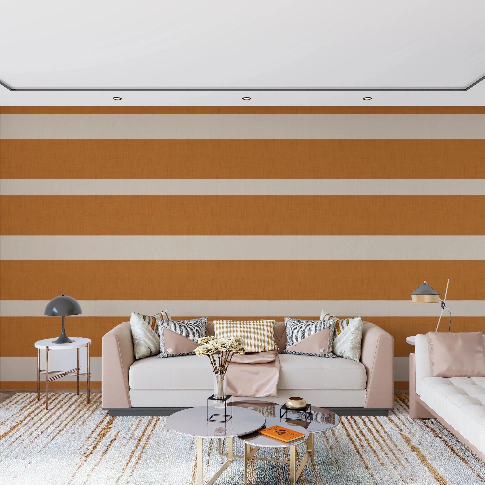 Modern Horizontal Stripe Terracotta Cream Wallpaper⁠