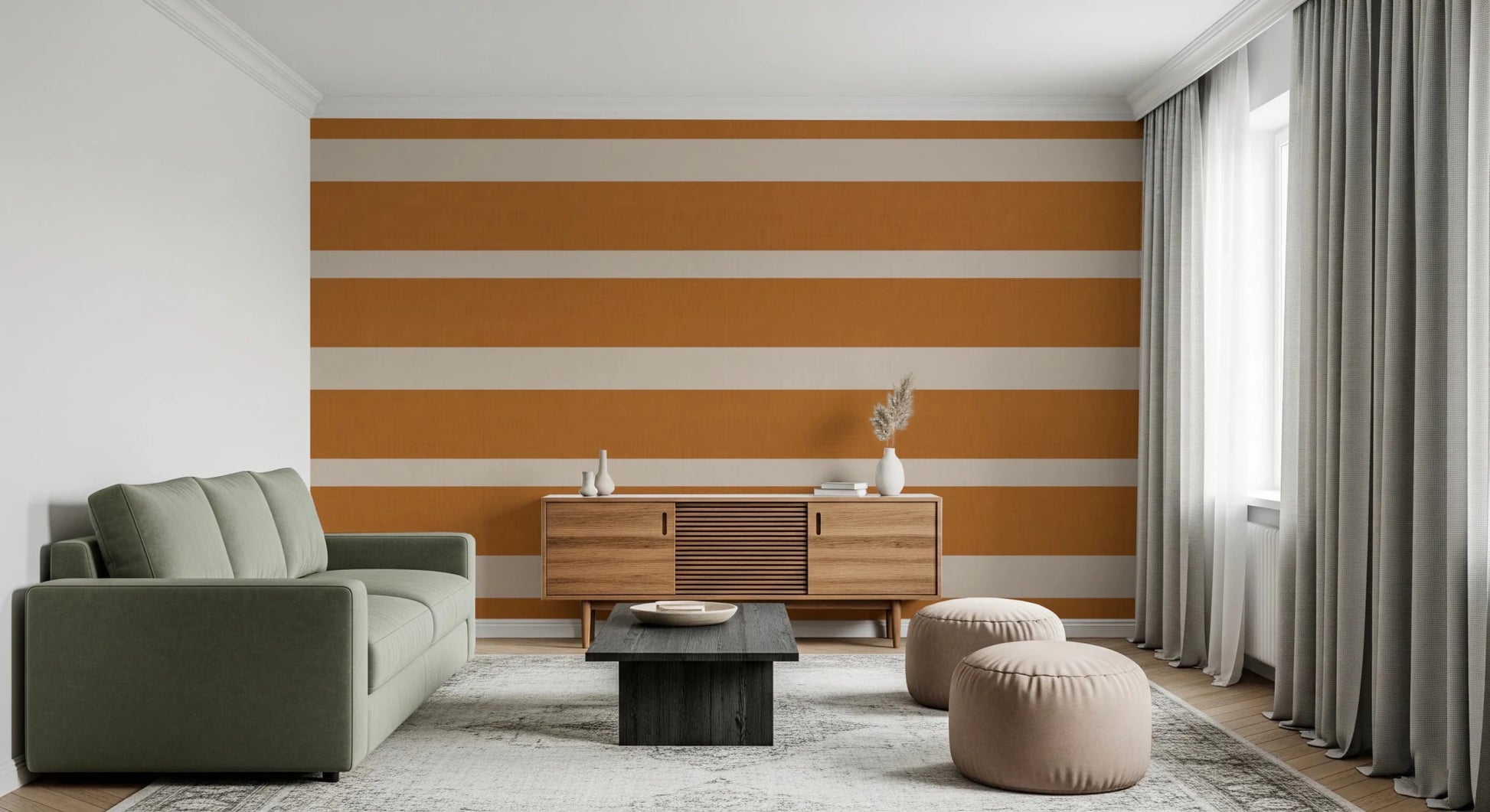 Modern Horizontal Stripe Terracotta Cream Wallpaper⁠