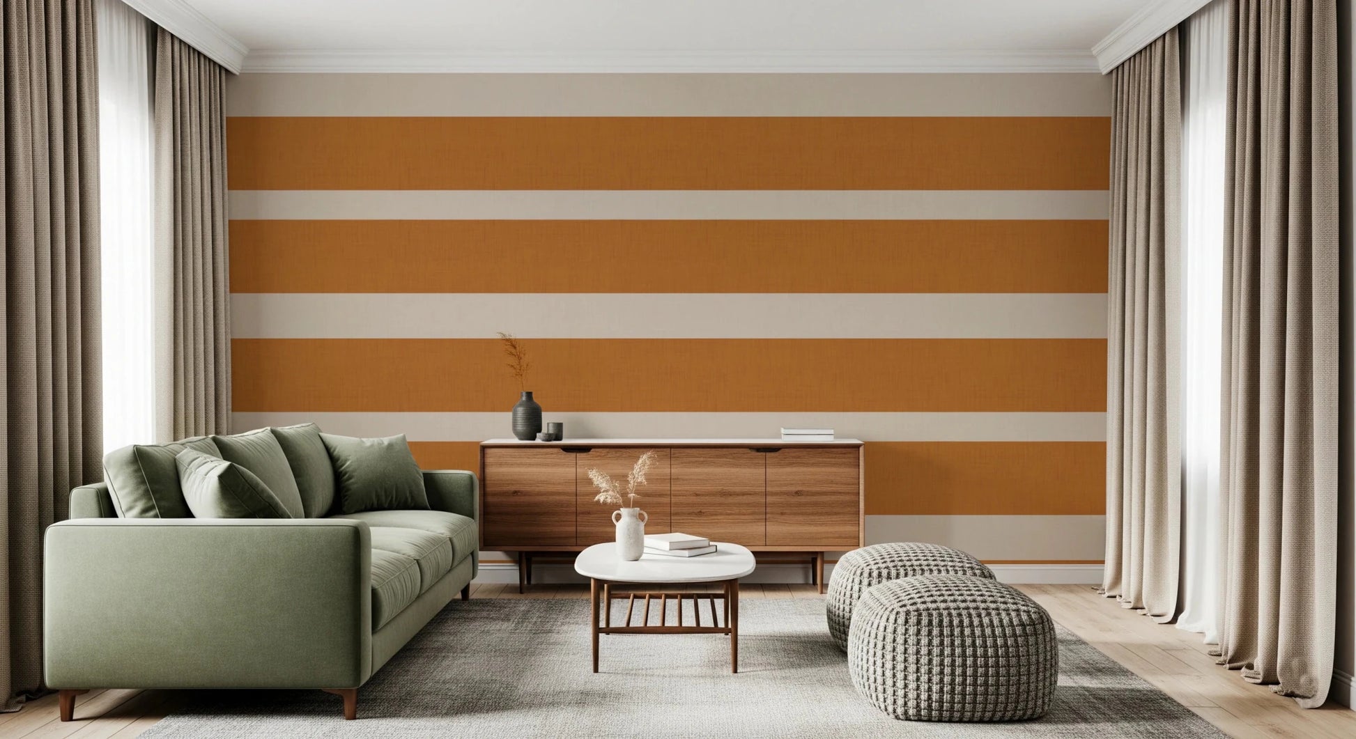 Modern Horizontal Stripe Terracotta Cream Wallpaper⁠