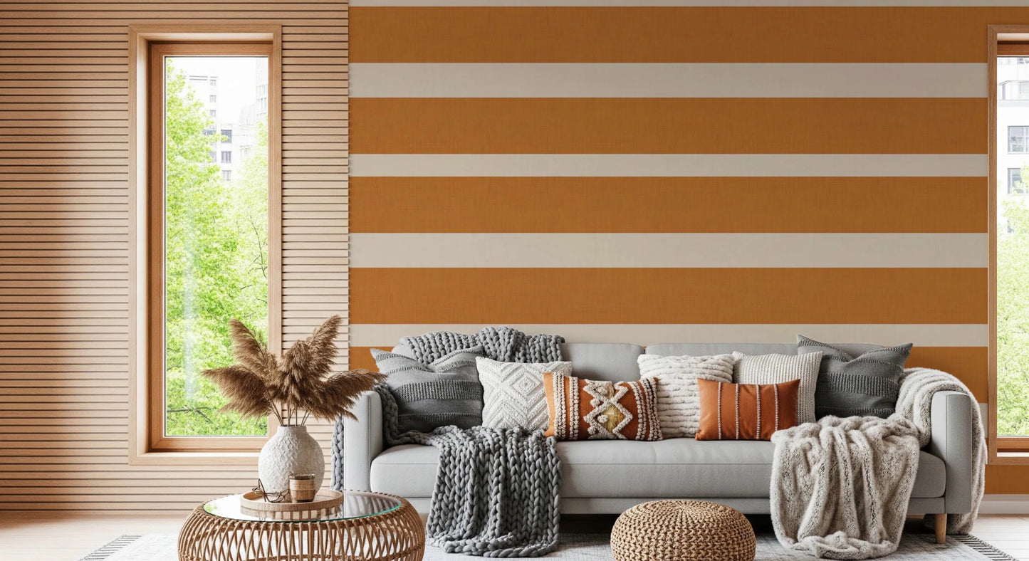 Modern Horizontal Stripe Terracotta Cream Wallpaper⁠