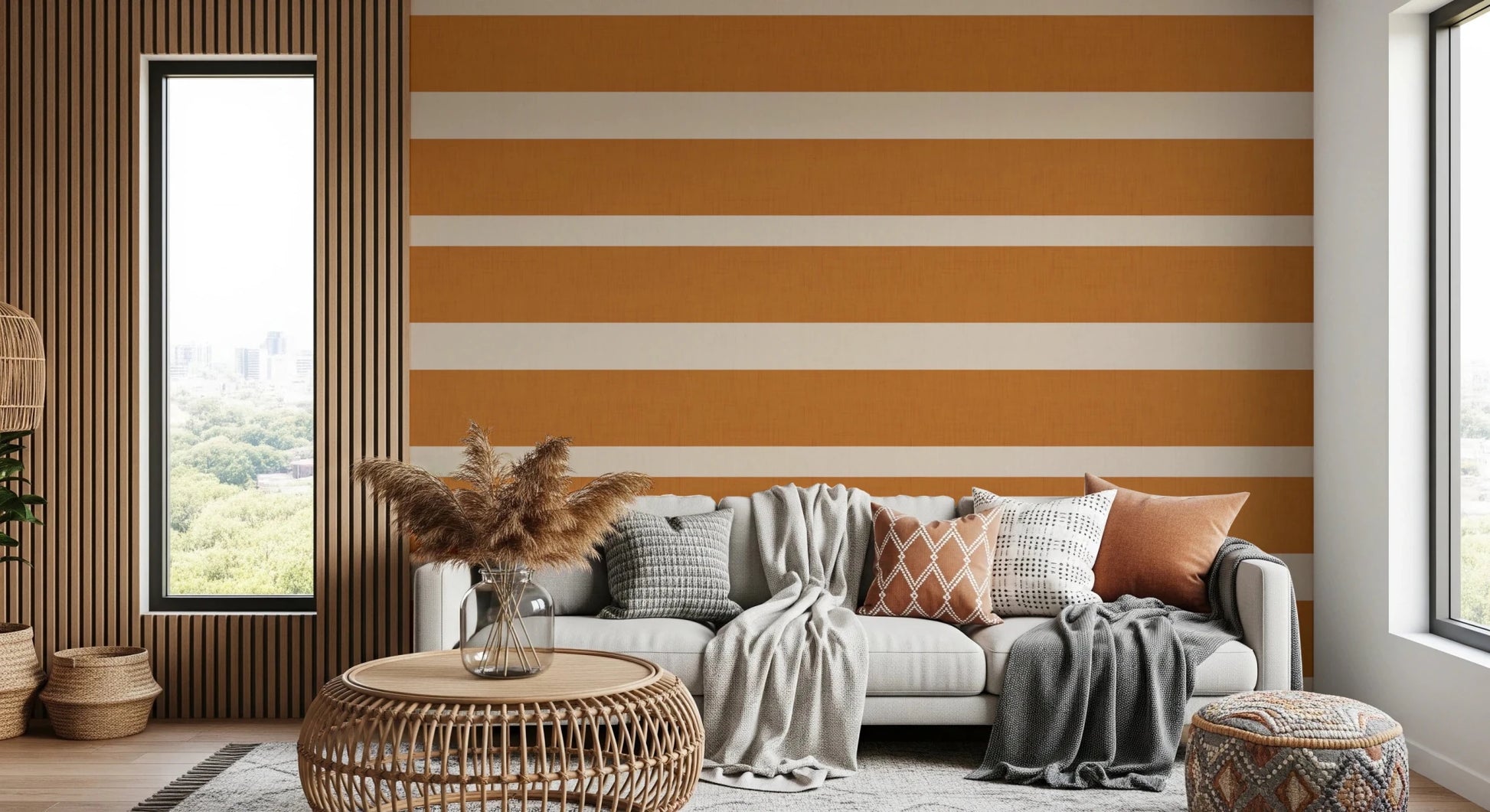 Modern Horizontal Stripe Terracotta Cream Wallpaper⁠