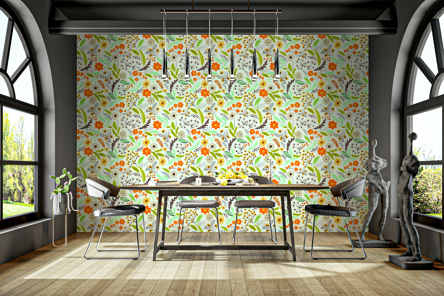 Stylish wallpaper with meadow-inspired floral motifs


