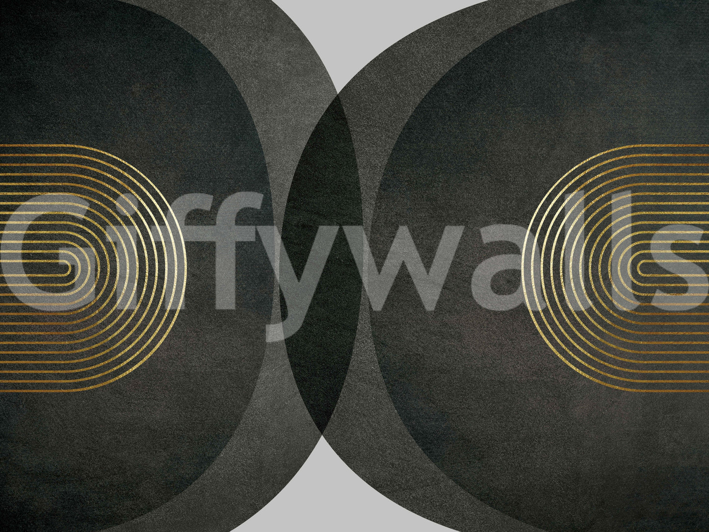 Modern Mid Century Charcoal Gold wallpaper mural close-up showing dark charcoal circles with gold concentric line arches
