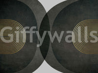 Modern Mid Century Charcoal Gold wallpaper mural close-up showing dark charcoal circles with gold concentric line arches
