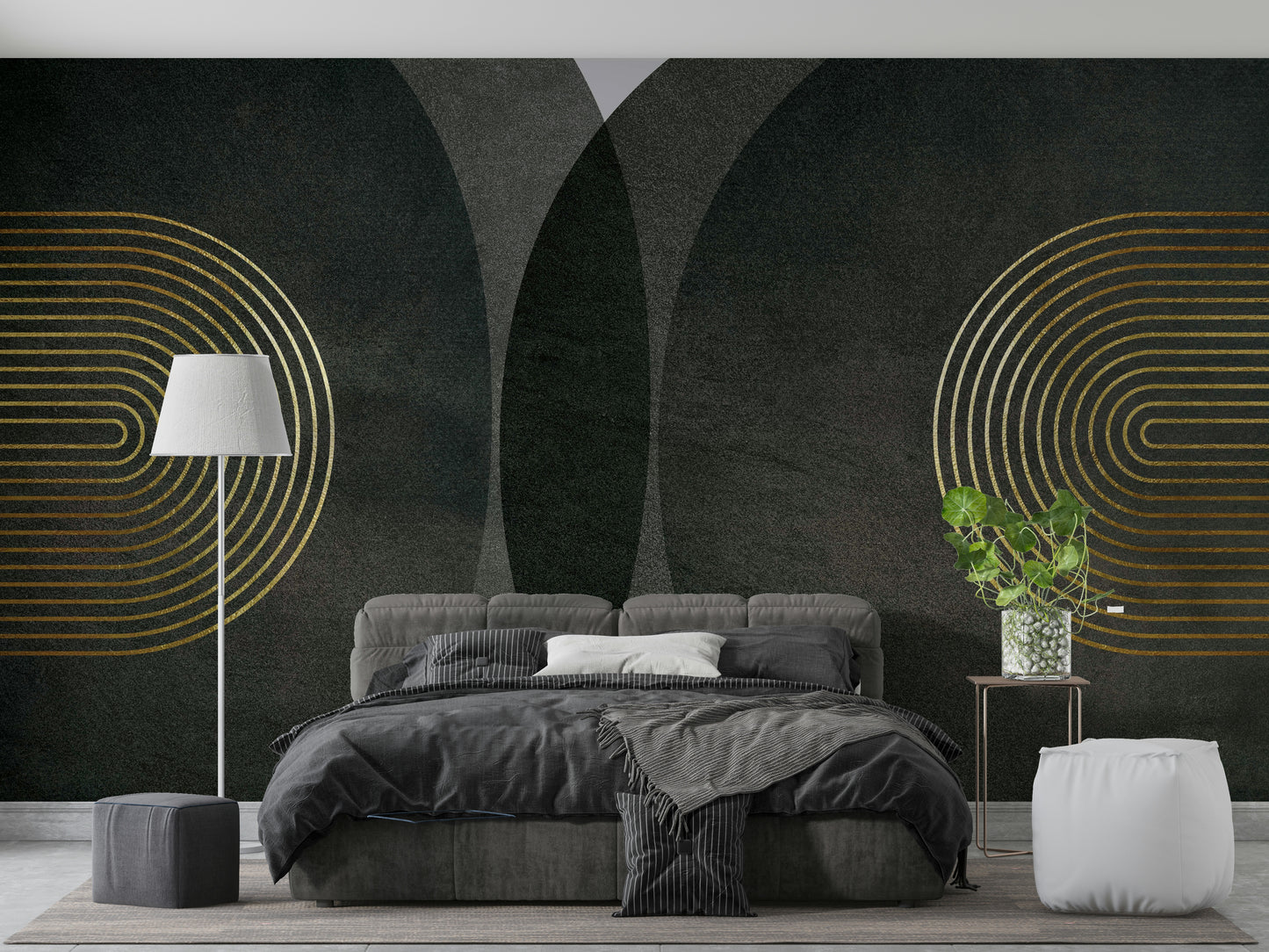 Modern Mid Century Charcoal Gold wallpaper mural with gold arches behind a grey upholstered bed and white floor lamp in a bedroom