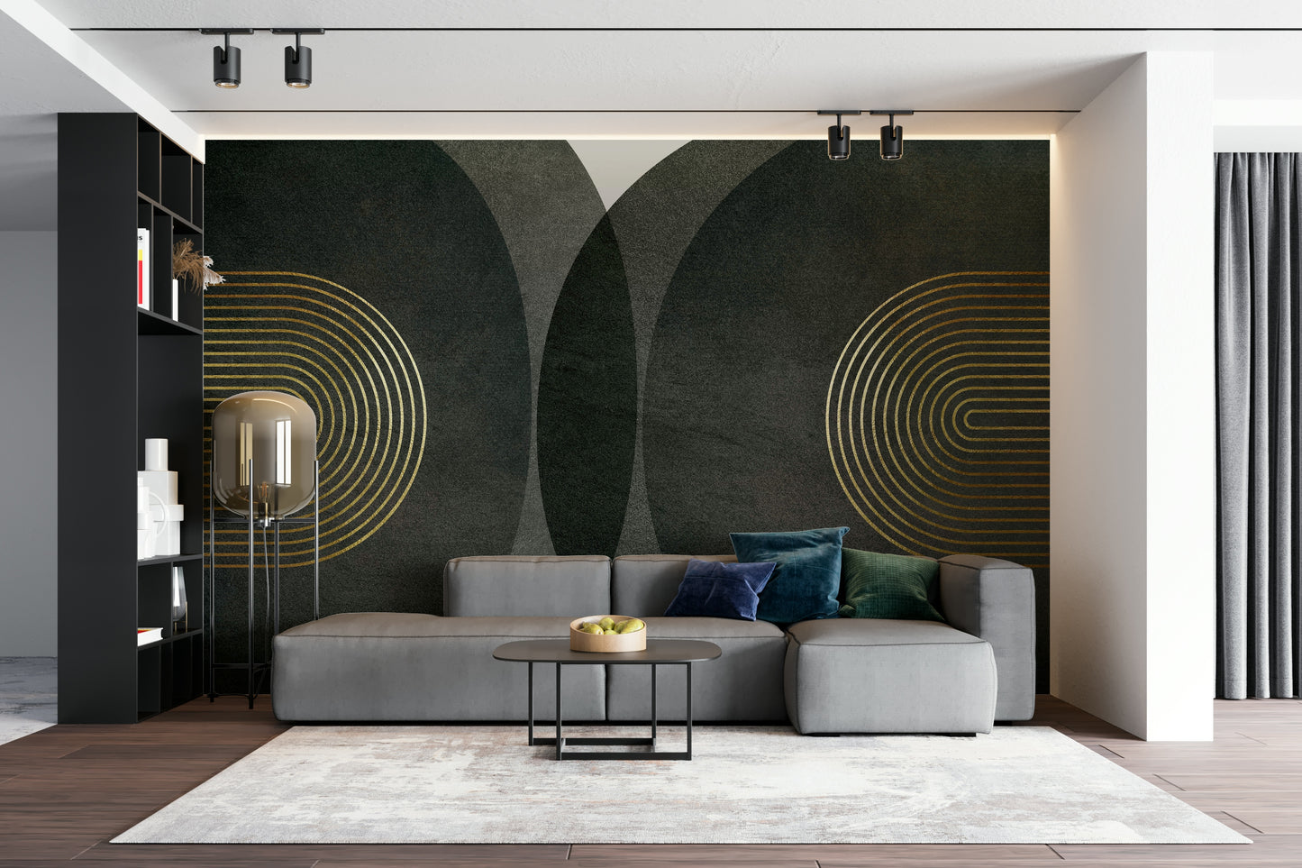 Modern Mid Century Charcoal Gold wallpaper mural with gold arches behind a grey sectional and black shelving in a living room