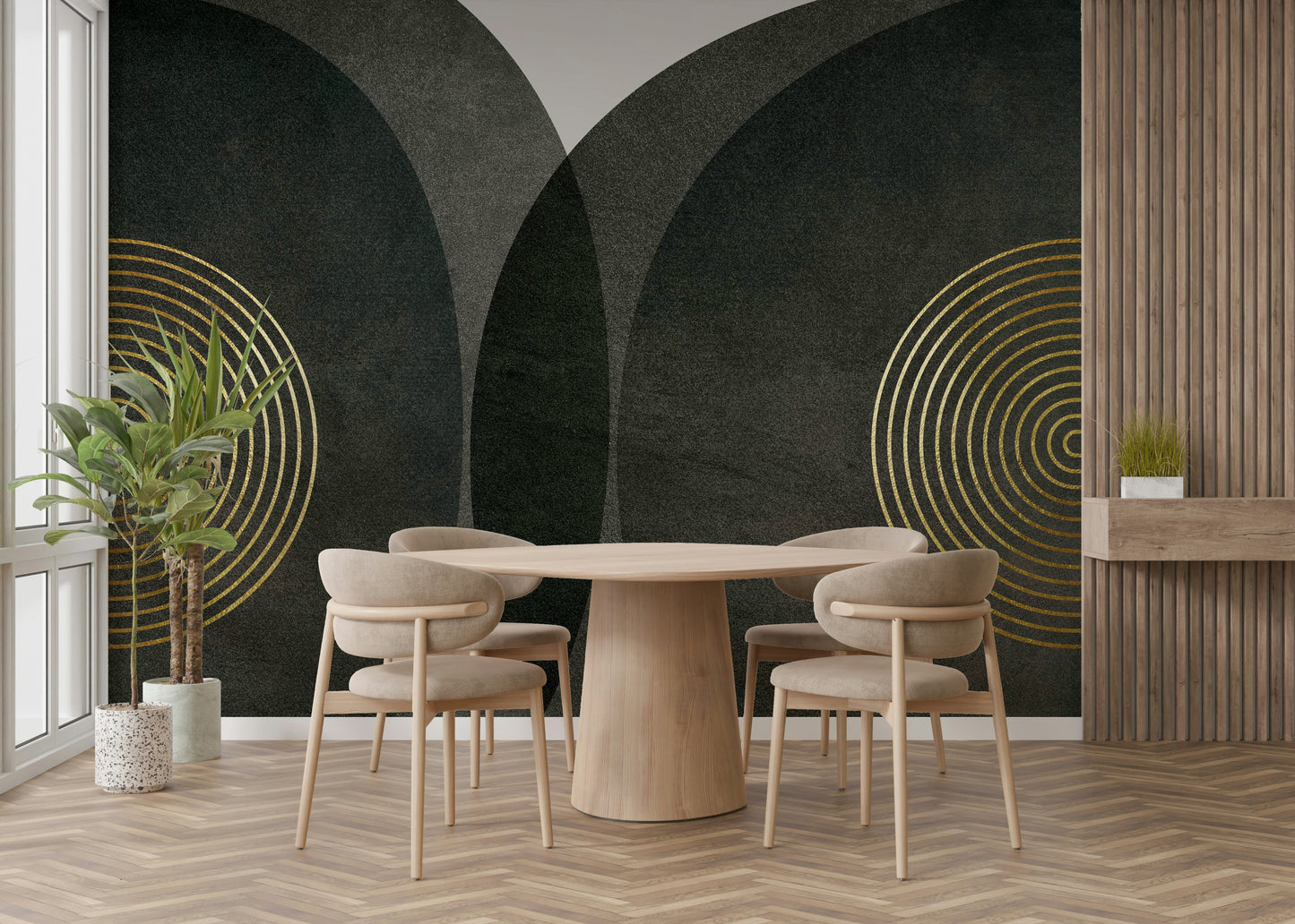 Modern Mid Century Charcoal Gold wallpaper mural with gold rings behind a round wood table and oak chairs in a dining room