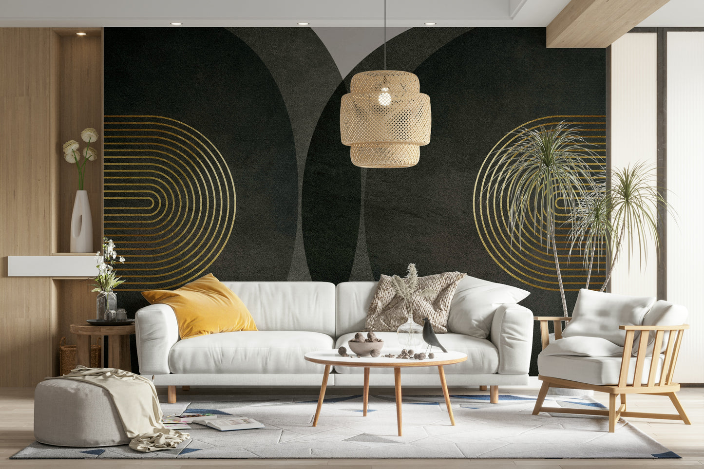 Modern Mid Century Charcoal Gold wallpaper mural with gold arches behind a white sofa and ponytail palm in a living room