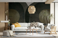 Modern Mid Century Charcoal Gold wallpaper mural with gold arches behind a white sofa and ponytail palm in a living room