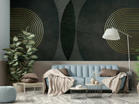 Modern Mid Century Charcoal Gold wallpaper mural in charcoal and taupe behind a light blue sofa and tall leafy plant