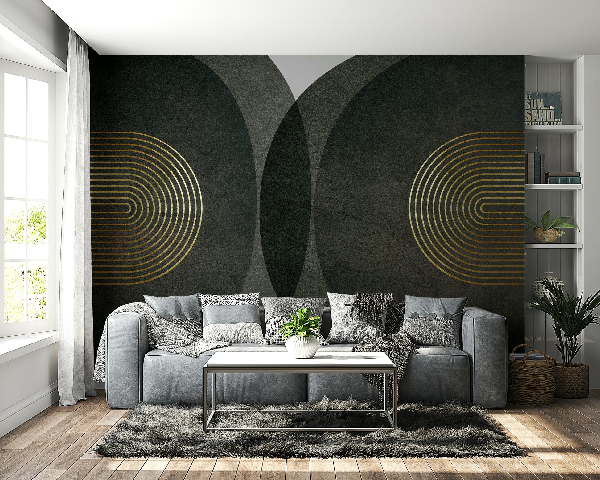 Modern Mid Century Charcoal Gold wallpaper mural with gold arches behind a grey leather sofa and shag rug in a living room