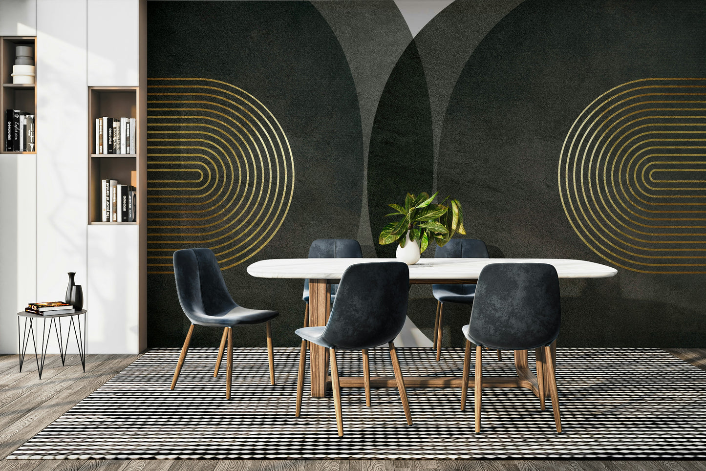 Modern Mid Century Charcoal Gold wallpaper mural with gold rings behind a white oval table and dark velvet chairs in a dining room