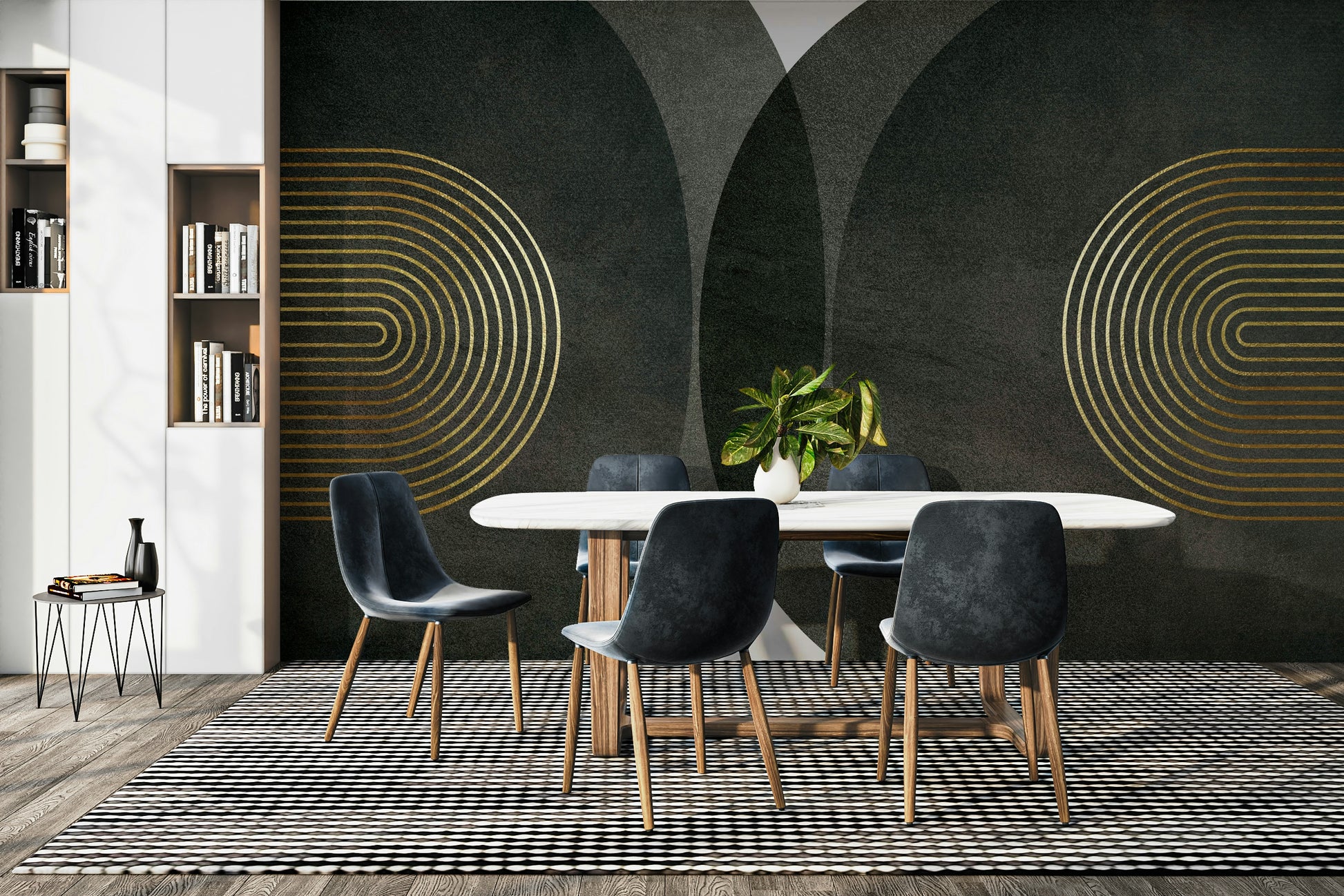 Modern Mid Century Charcoal Gold wallpaper mural with gold rings behind a white oval table and dark velvet chairs in a dining room