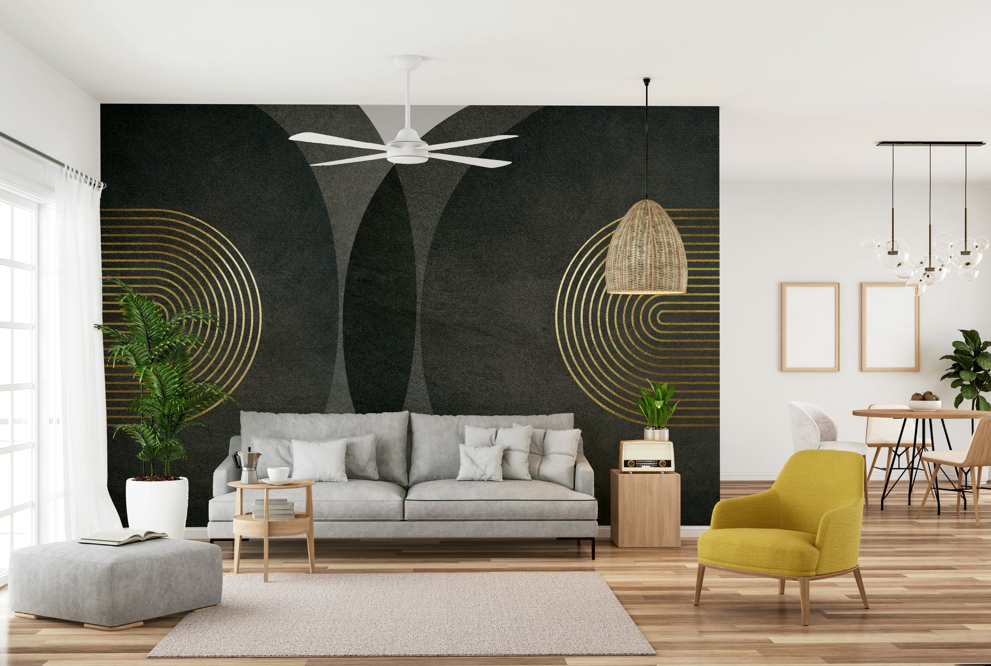 Modern Mid Century Charcoal Gold wallpaper mural with gold arches behind a grey sofa and mustard armchair in a bright living room