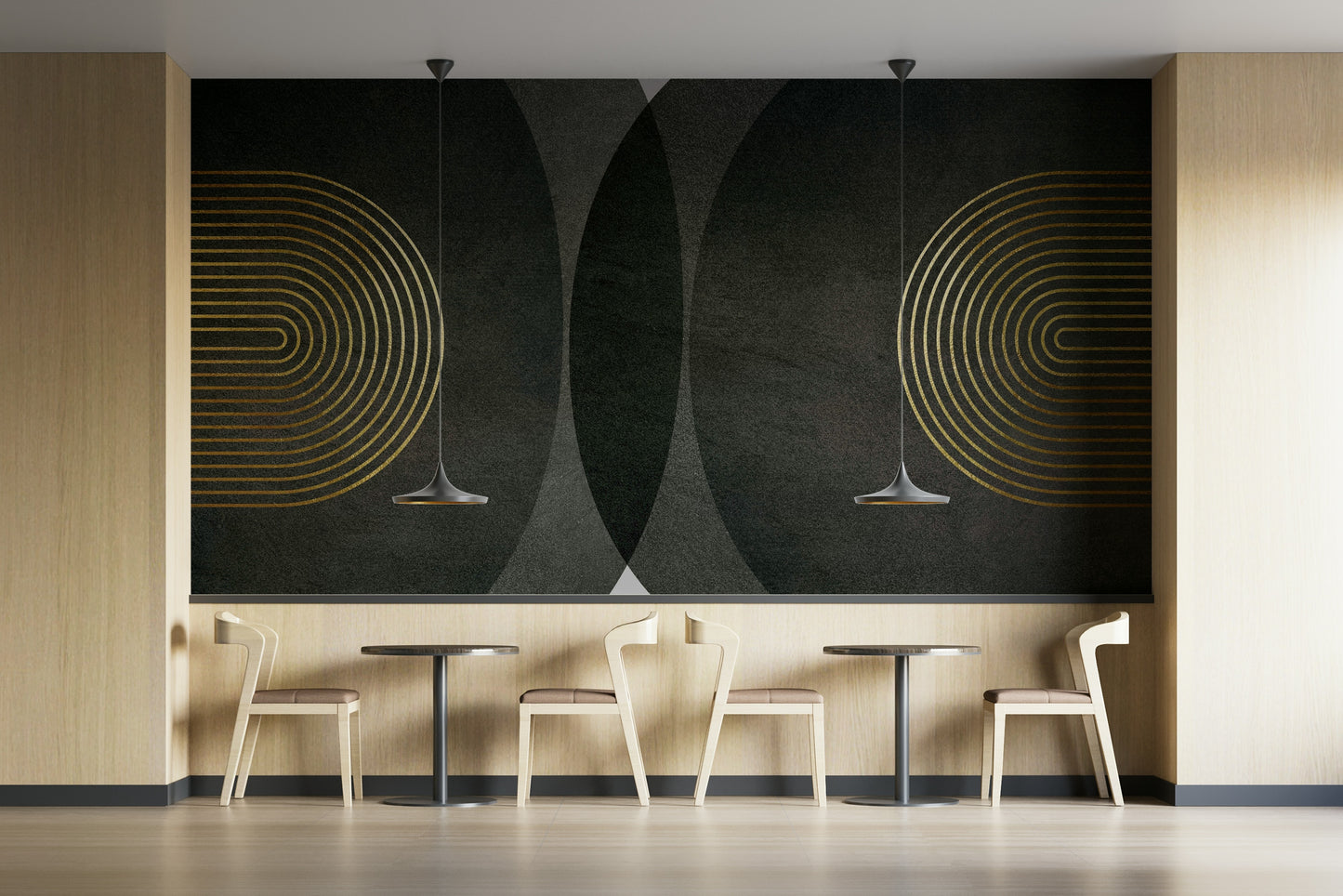 Modern Mid Century Charcoal Gold wallpaper mural with gold arches as a full-wall panel above pale wood bistro tables and chairs