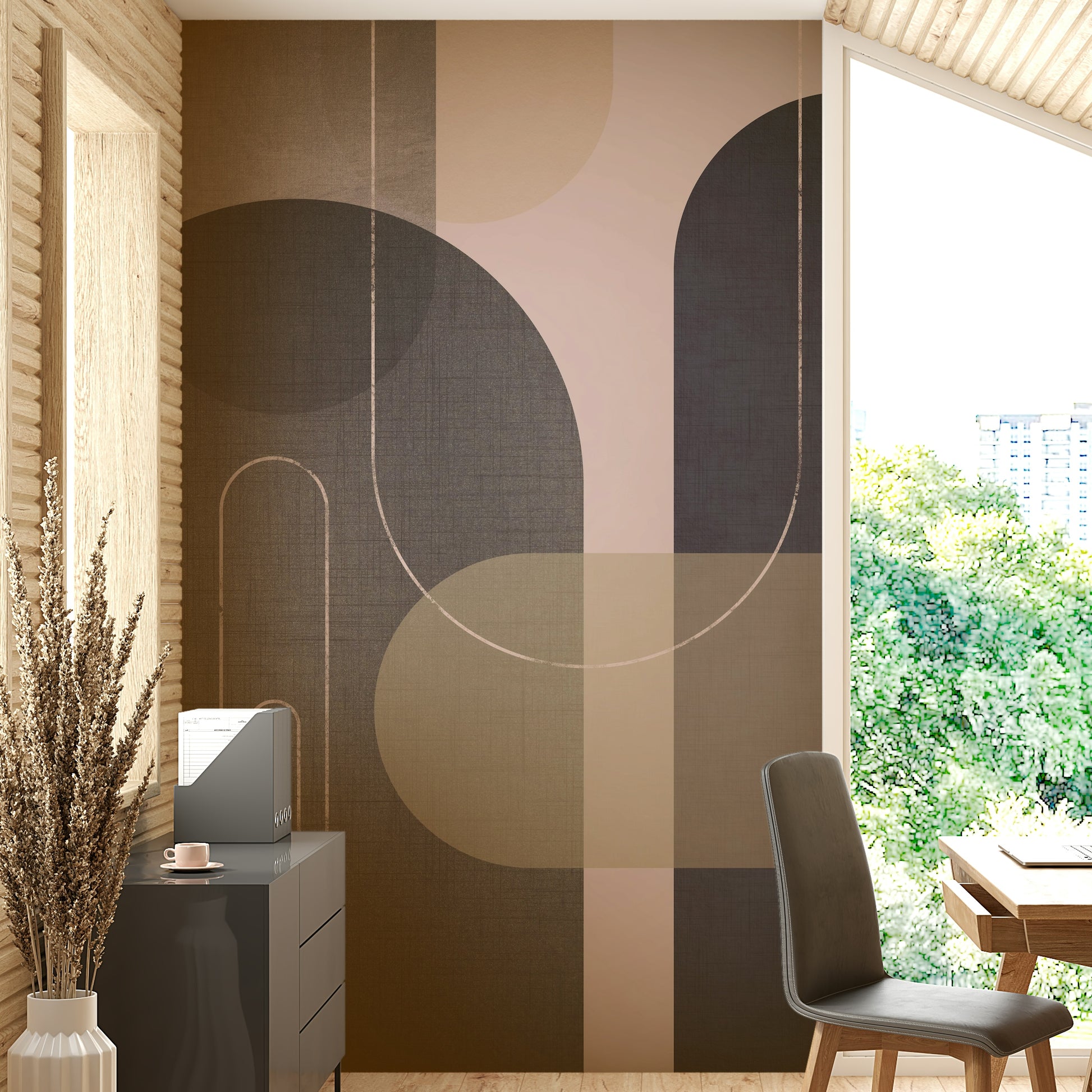 Minimal mid-century mural with linen texture

