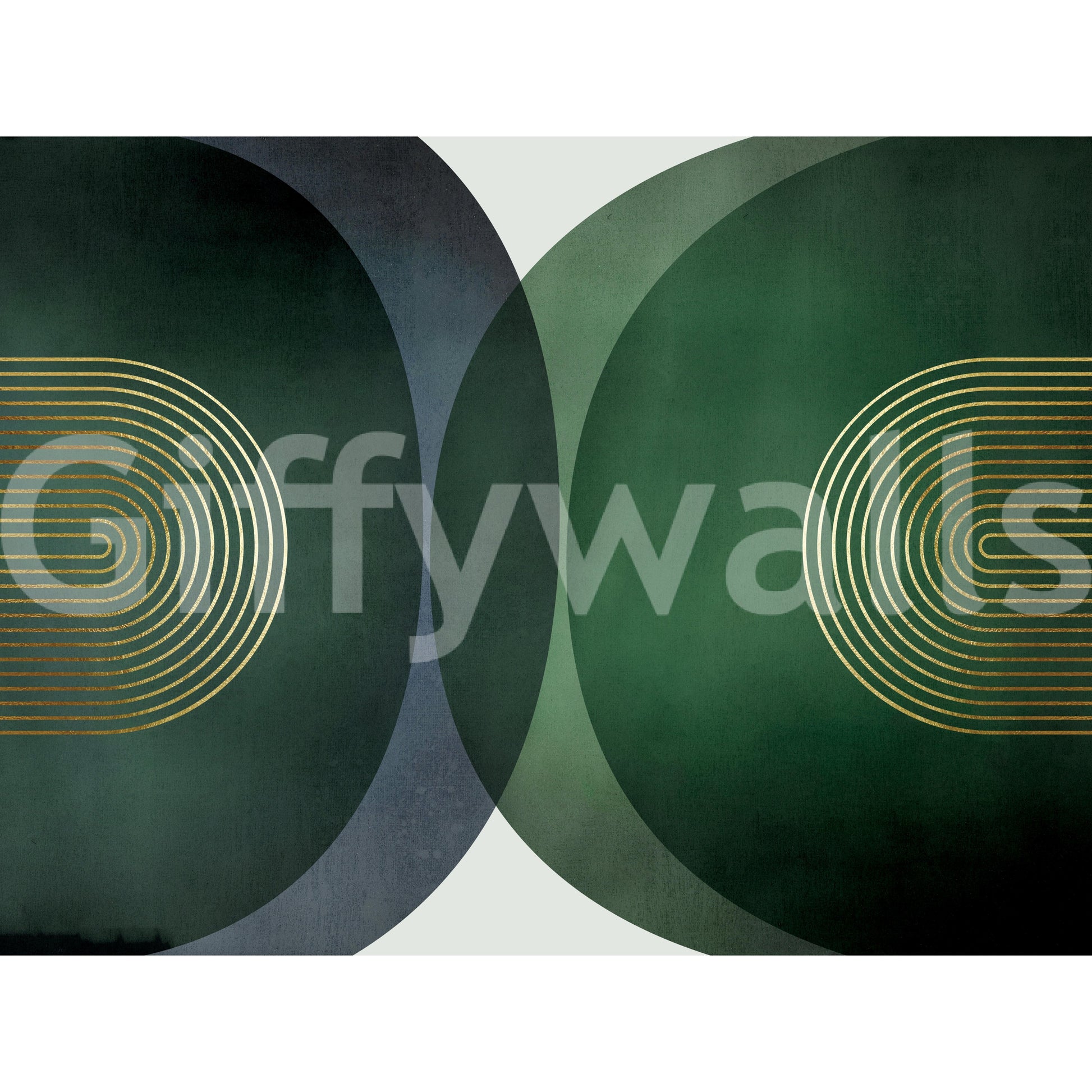 Modern Mid Century wallpaper mural shown as a full-wall swatch of deep green and navy circles with concentric gold arch lines