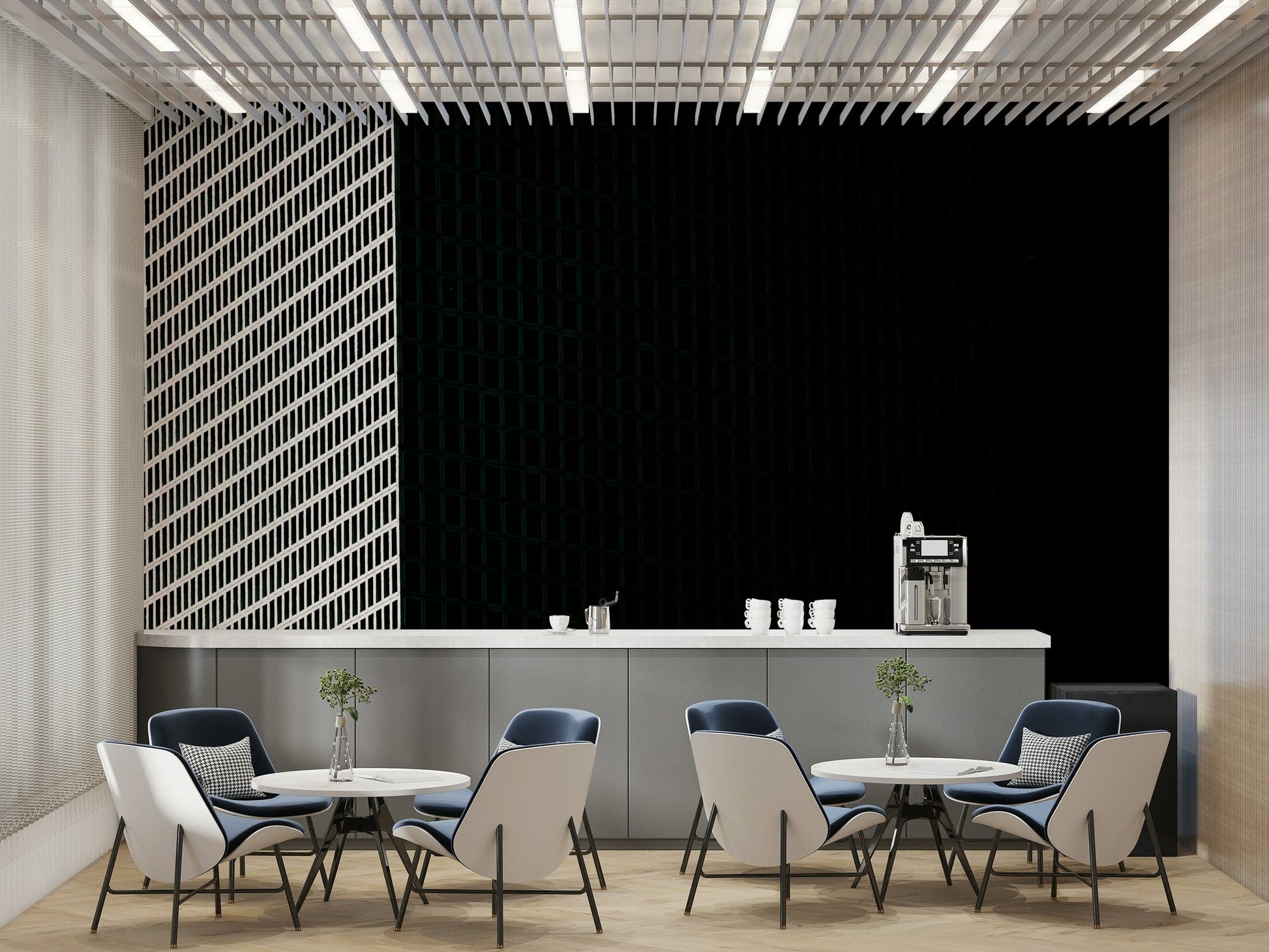 A graceful subtle geometric wall mural in cool, clean tones.

