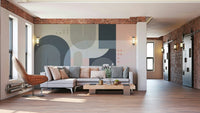 A wall mural of a geometric arches pattern.

