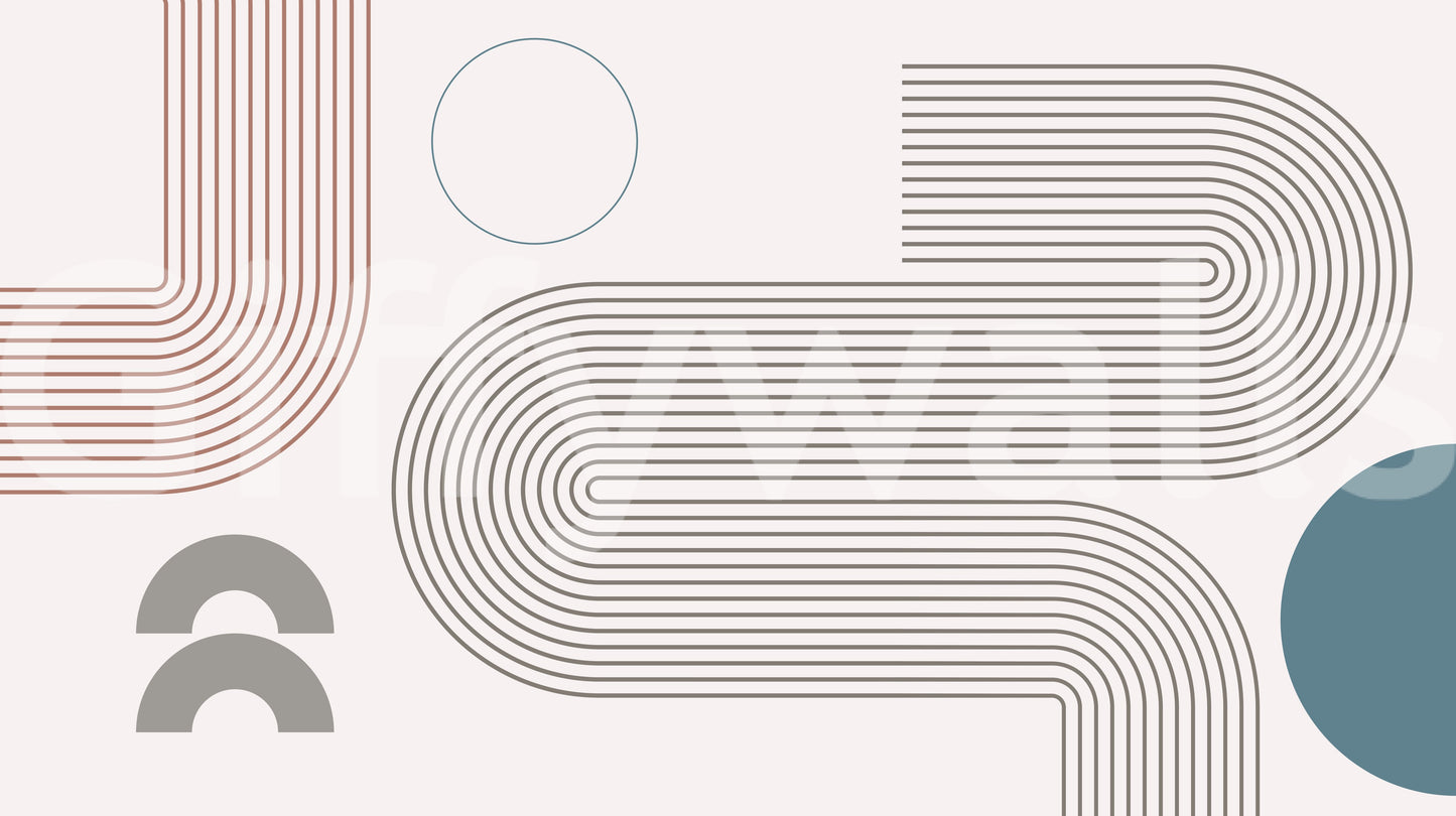 Modern Retro Lines wall mural close-up showing rust and gray winding lines, arches and a teal circle on cream