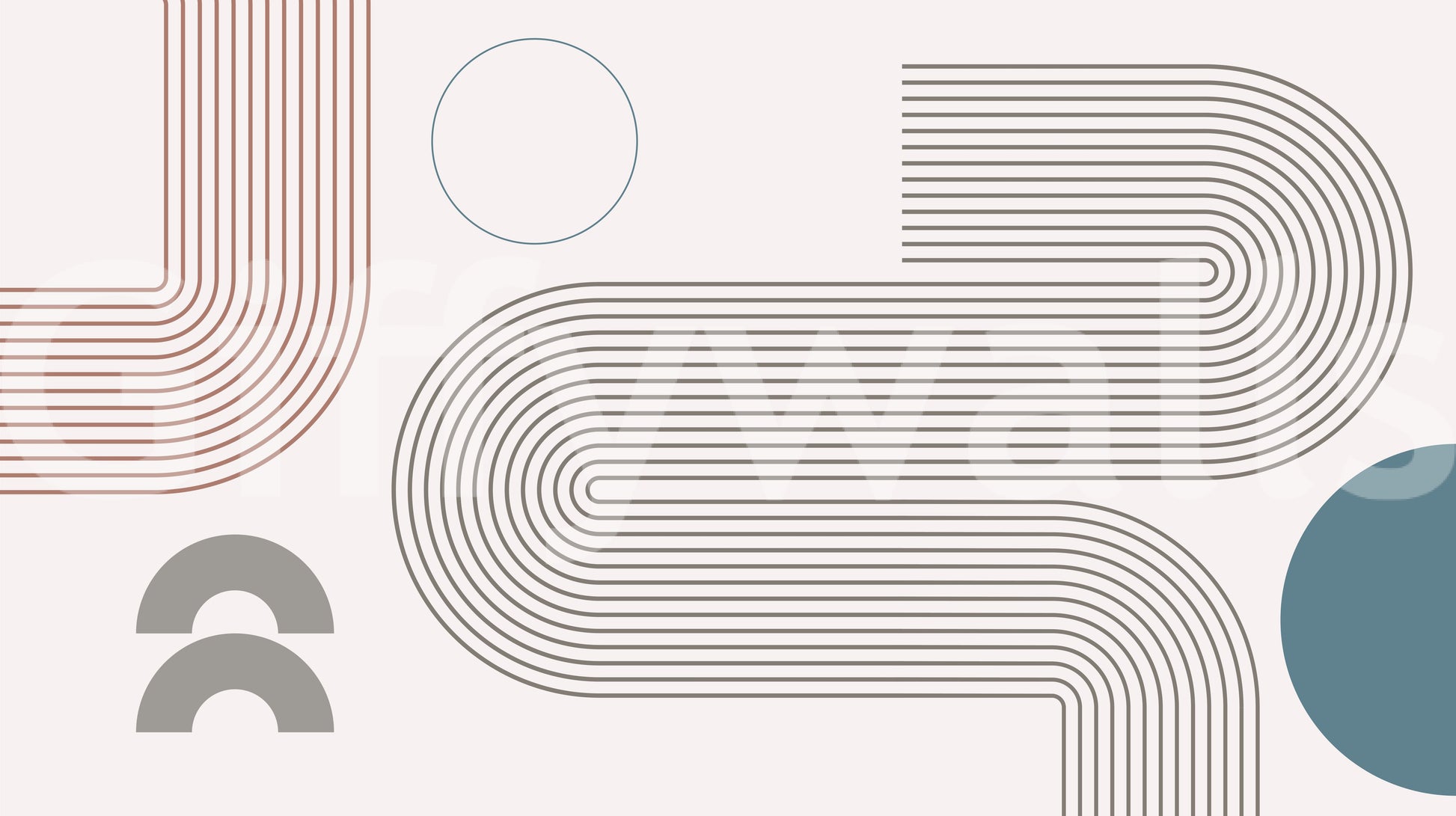 Modern Retro Lines wall mural close-up showing rust and gray winding lines, arches and a teal circle on cream