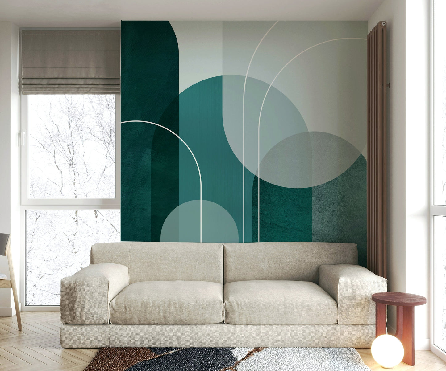 Teal and white geometric arch wall mural for living rooms

