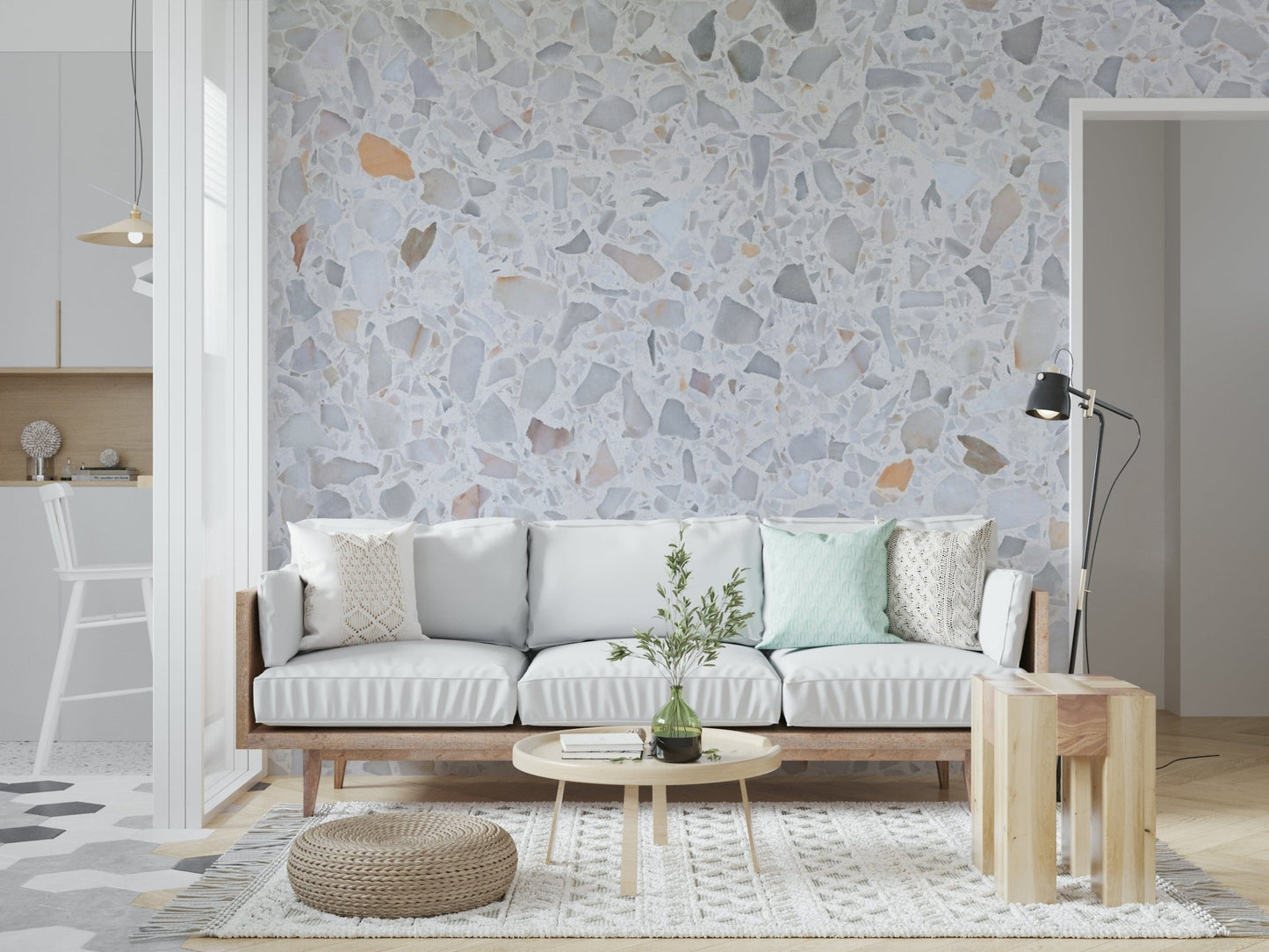 Pale marble-style wallpaper with fine dusty fragments.