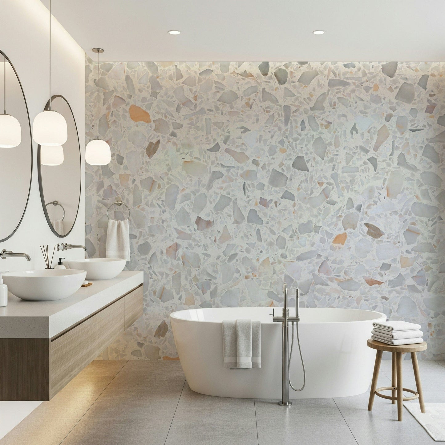 Soft-hued Modern Terrazzo wall mural with white chips.
