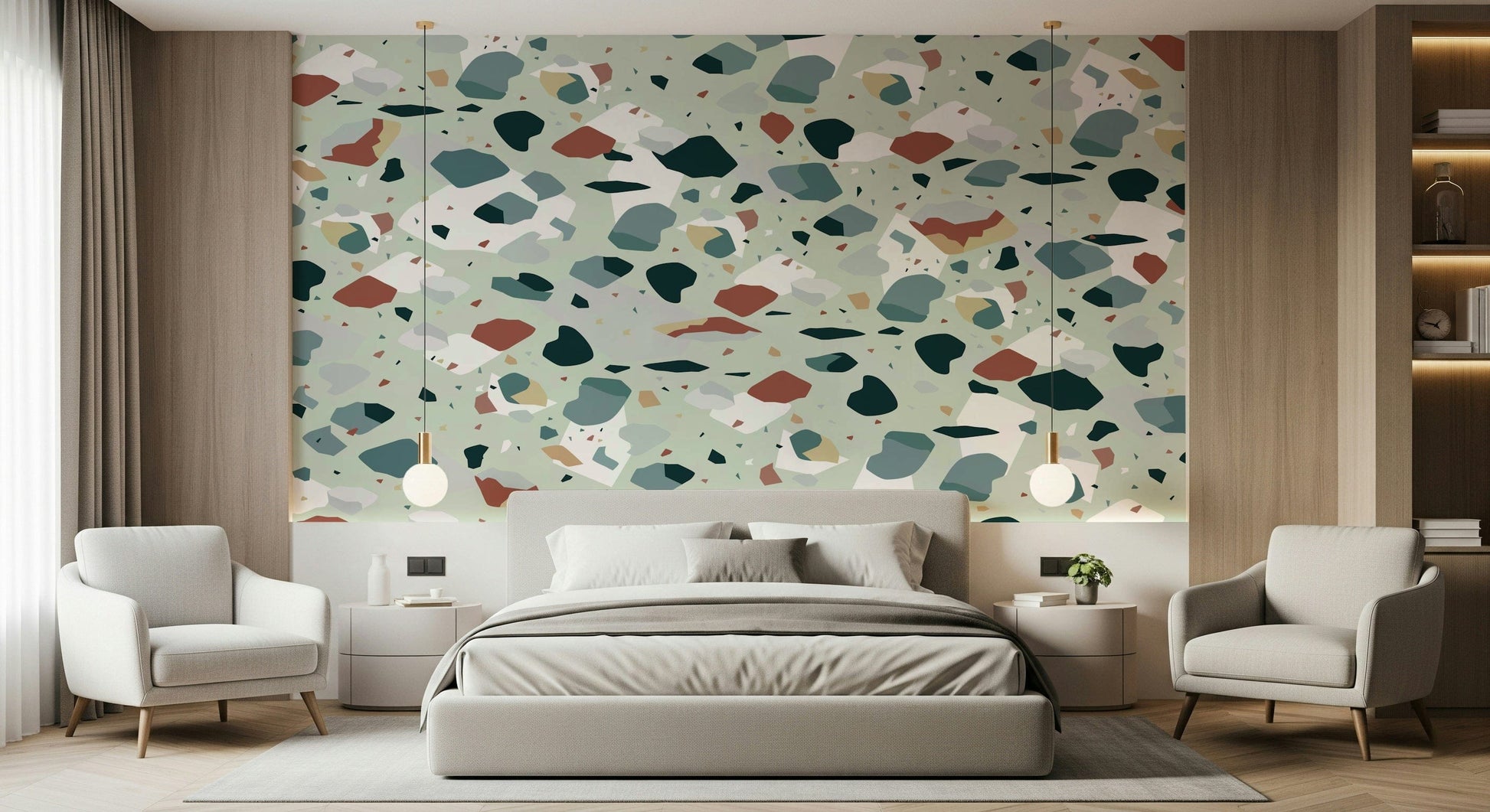 A peaceful speckled pattern mural on decorative wallpaper.