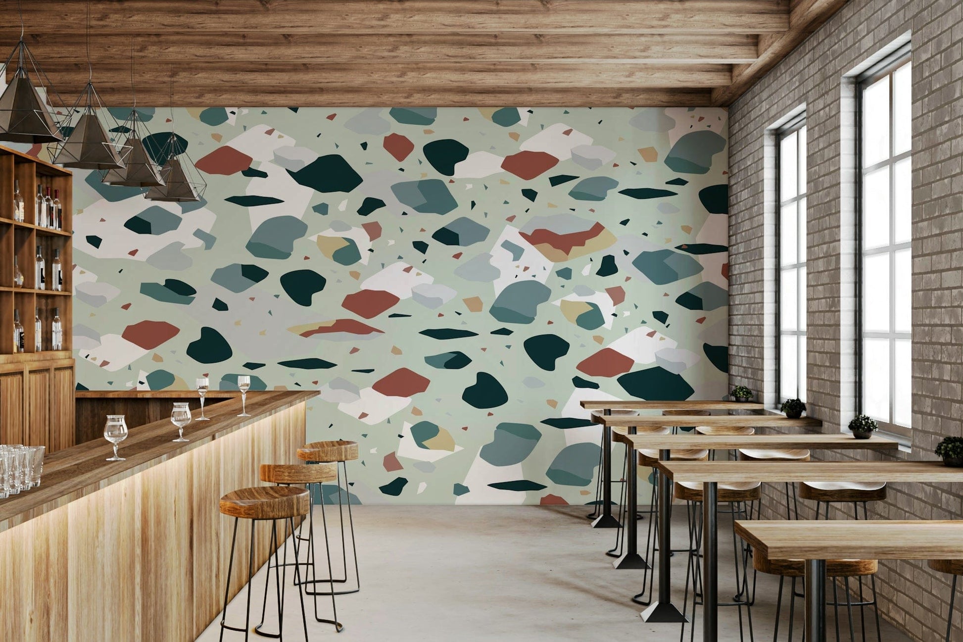 A graceful subtle geometric wall mural in cool, natural tones.