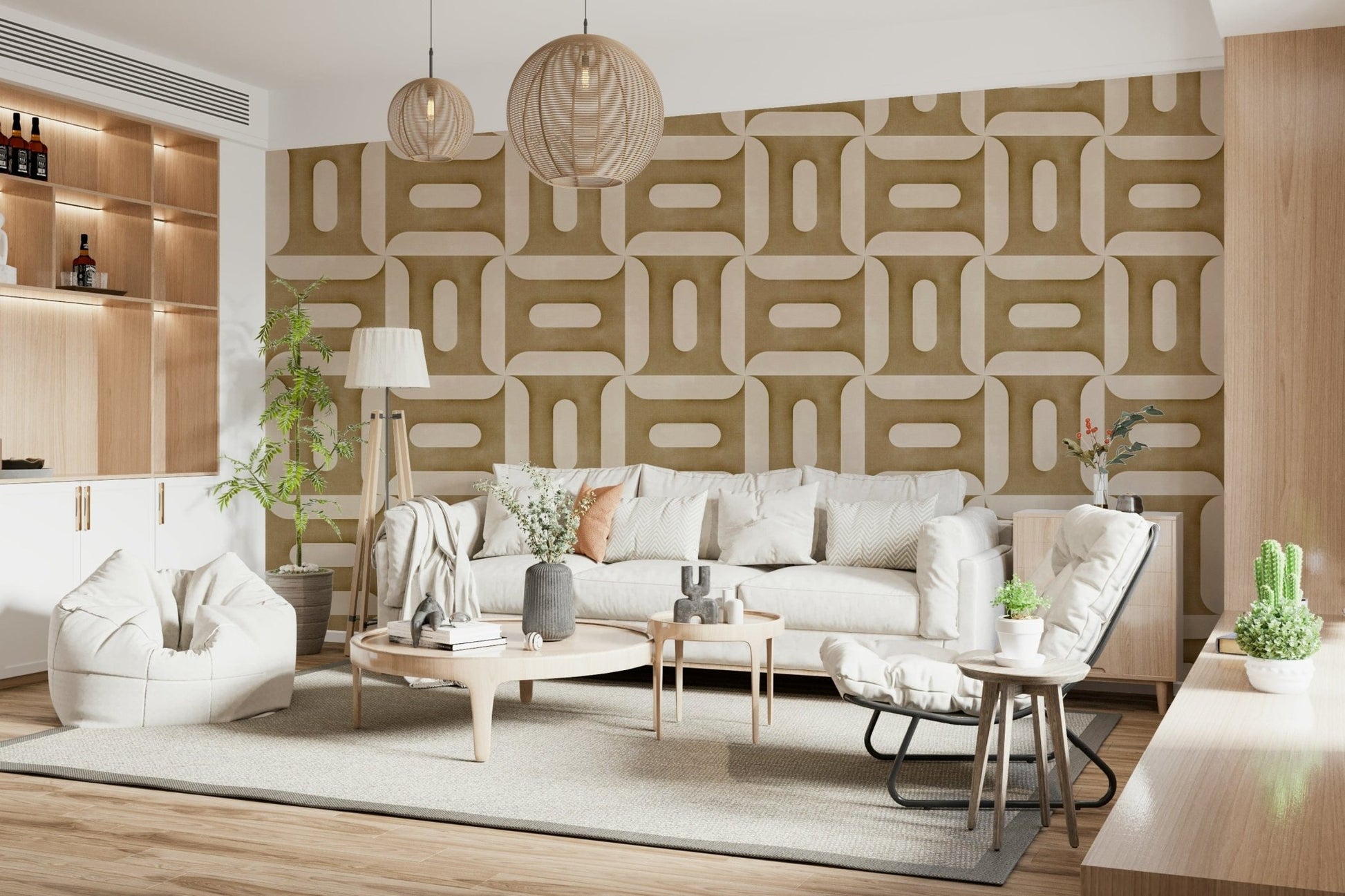 Modern Textured Geometries Camel wallpaper behind a white sectional sofa with round globe pendant lights