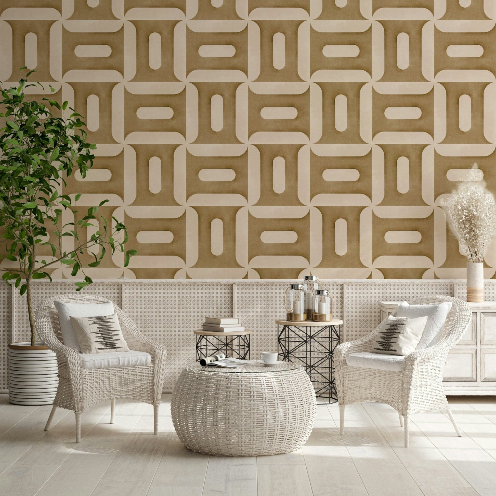 Modern Textured Geometries Camel wallpaper in a sitting area with white wicker chairs and a woven table