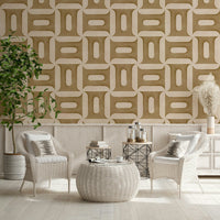 Modern Textured Geometries Camel wallpaper in a sitting area with white wicker chairs and a woven table